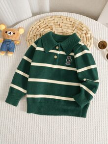 SHEIN Sweater Bayi Laki-laki Gaya Preppy Musim Gugur/Dingin, Lucu, Serbaguna, Motif Kartun Bergaris, Sweater Berkerah, Sweater Lucu, Sweater Bayi, Sweater Bergaris - MultiWarna - View 1