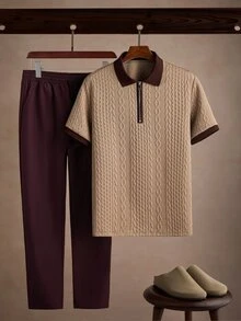 Core Aspect Men's Old Money Style Cable Knit Half-Zip Polo Shirt + Drawstring Long Pants Set, Contrast Collar Loose Short Sleeve Two Pieces Outfit, Beige & Brown Colorway For Home, Casual, Commute And Daily Wear - Khaki - View 1