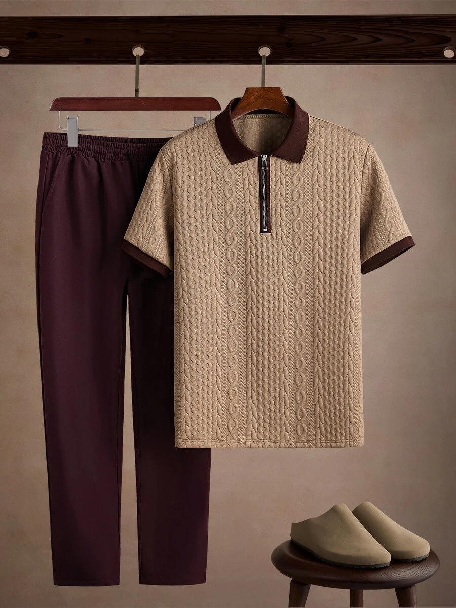 Core Aspect Men's Old Money Style Cable Knit Half-Zip Polo Shirt + Drawstring Long Pants Set, Contrast Collar Loose Short Sleeve Two Pieces Outfit, Beige & Brown Colorway For Home, Casual, Commute And Daily Wear - Khaki - View 1