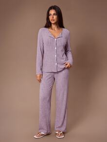 Lazeform Women's Knit Ribbed Brushed Fabric Minimalist Casual Fashion Open Front Long Sleeve Long Pants Spring Autumn Winter Wearable Pajama Set - Mauve Purple - View 6