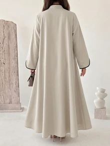 Al Najma Women's Apricot Colorblock Stand Collar Loose Fit Contrast Trim Long Sleeve Frog Button Romantic Elegant Plus Size Dress - Apricot - View 2