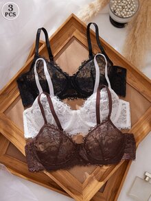 SHEIN 3 Pcs Goth Women's Fashion Floral Lace Underwire Triangle Cup Bra - Multicolor - View 2