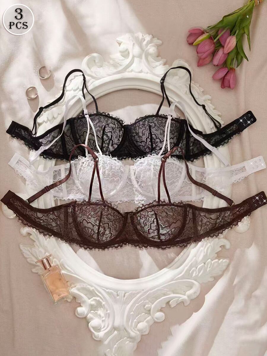 SHEIN 3 قطع حمالة صدر نسائية بتصميم قوطي مع دانتيل زهري وكؤوس مثلثية بسلك معدني - متعدد الألوان - مشاهدة 1