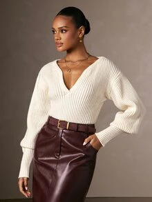 Hauture Women's Elegant Autumn/Winter V-Neck Lantern Sleeve Ribbed Sexy Casual Sweater Top, Perfect For Chic Office Wear, Going Out, Concerts, Dinners - Apricot - View 4