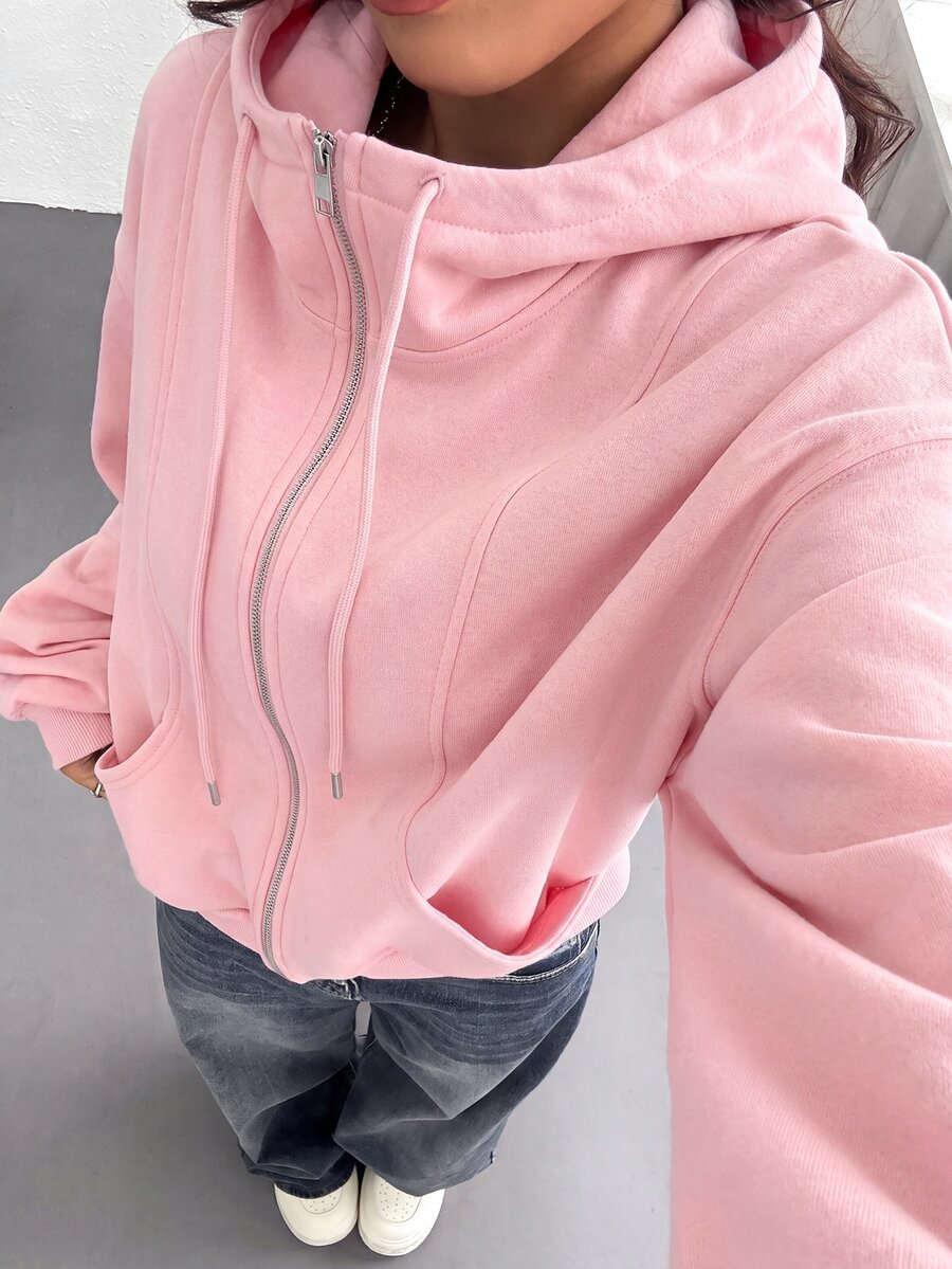 SHEIN EZwear 女款前拉鍊長袖口袋連帽衫 - 粉色 - 查看 1