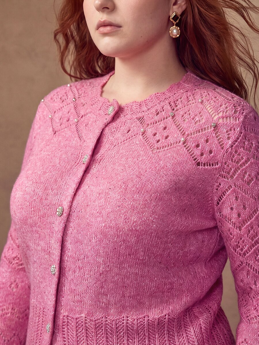 MOTF PREMIUM WOMEN'S PLUS SIZE FRONT BUTTON LONG SLEEVE CARDIGAN - Pink - View 2
