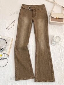 SHEIN PETITE Celana Jeans Wanita Ukuran Petite Pinggang Rendah Model Flare Denim Cuci - Coklat - View 6