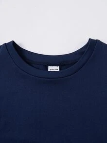 SHEIN Tween Girl Tween Girls T-Shirt Co-Ords Navy Blue Basic Minimalist Crew Neck Long Sleeve Pants 2 Pieces Set - Navy Blue - View 5