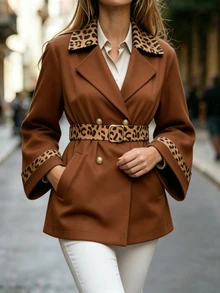 Balvessa Women's Elegant Versatile Loose Brown Leopard Print Patchwork Tie-Front Jacket, Autumn/Winter New Style - Brown - View 6