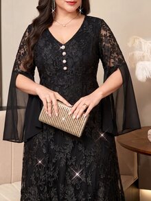 Reflora Plus Size Women's V-Neck Lace Patchwork Fashion Elegant Dress Fall - Black - View 2
