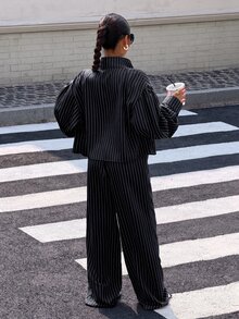 Muchica Black And White Striped Woven Women's Long Sleeve Pants Set, Autumn/Winter - Black - View 2