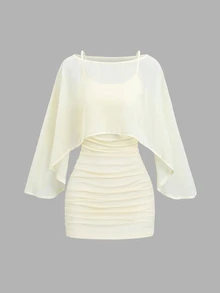 Sweetra 2 Pieces Set With Flowy Boat Neck Chiffon Cape Outerwear And Elastic Ruched Waist Cami Dress, Elegant Beige Outfit For Office Commute, Casual Wear And Date - Light Yellow - View 1