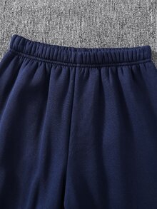 SHEIN 2件組兒童青少年男孩秋冬字母圖案針織柔軟連帽長袖套頭運動衫與長褲套裝，男孩套裝，運動衫套裝，藍色套裝，運動套裝 - 彩色 - 查看 6