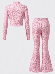 SHEIN Tween Girl NovaGlow 運動休閒日常針織素色開襟外套與喇叭褲套裝 - 彩色 - 查看 2