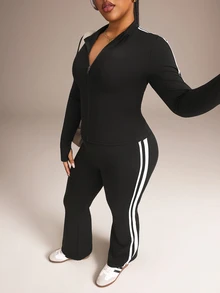 Rhythm Era Plus Size Women's Long Sleeve Stand Collar Zipper Pants Casual Sports Set - Black - View 6