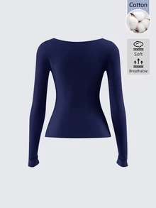 SHEIN BASICS 女款純色方領長袖修身簡約百搭 T-shirt，日常穿搭，海軍藍，秋冬保暖 - 藍色 - 查看 4