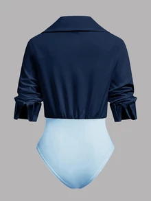 SHEIN LUNE 白色 2 合 1 襯衫連身衣，領口長袖 V 領拼接修身連身衣 - 藍色 - 查看 2