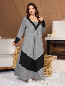 Lacomfia Plus Size Women's Knitted Grey & Color Block Patchwork Loose Fit Long Sleeve Multi-Layered Ruffle Hem Dress, Suitable For Casual Daily Occasions - Grey - View 3