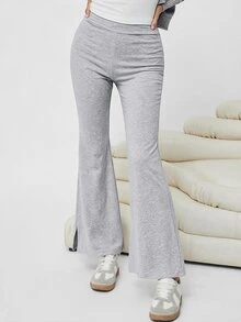 SHEIN EZwear 女款休閒舒適淺灰色鬆緊腰長褲，秋冬款 - 淺灰色 - 查看 3