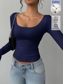 SHEIN BASICS 女款純色方領長袖修身簡約百搭 T-shirt，日常穿搭，海軍藍，秋冬保暖 - 藍色 - 查看 5