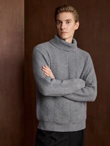 Manfinity CityGents 男士高領懶人長袖套頭毛衣，休閒針織秋冬服飾，灰色寬鬆時尚百搭人字紋長袖套頭毛衣 - 灰色 - 查看 5
