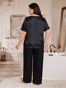 MuseNap CURVE Plus Leopard Jacquard Lace Trim Satin PJ Set - Black - View 2