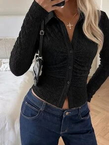 SHEIN EZwear 女款V領長袖單排扣純色上衣 - 黑色 - 查看 5