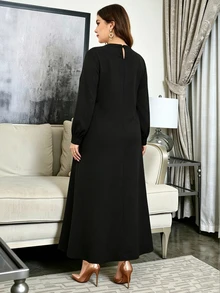 Al Najma Plus Size Women's Asymmetrical Diamond & Pearl Long Sleeve Long Dress, 2 In 1, Round Neck, Arabic Style, Autumn/Winter - Black - View 2