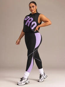 SHEIN Rhythm Era Women's Sports Yoga Outdoor Gym Workout Set Drawstring Hooded Sleeveless Loose Sweatshirt With Curved Chest Colorblock Design And Tight Leggings With Line And Colorblock Contrast - Multicolor - View 6