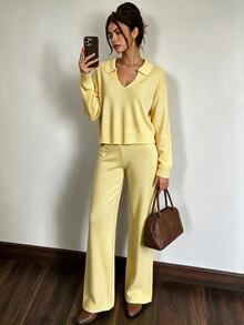 Sunnyshic Cream Yellow Soft V-Neck Loose Knit Sweater 2 Pieces Set - Yellow - View 4