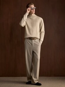 Manfinity CityGents 男士休閒純色棕色高領保暖內裡毛衣 老錢風 適合假日/度假 秋季棕色 舒適適合日常外出與活動 - 卡其色 - 查看 5