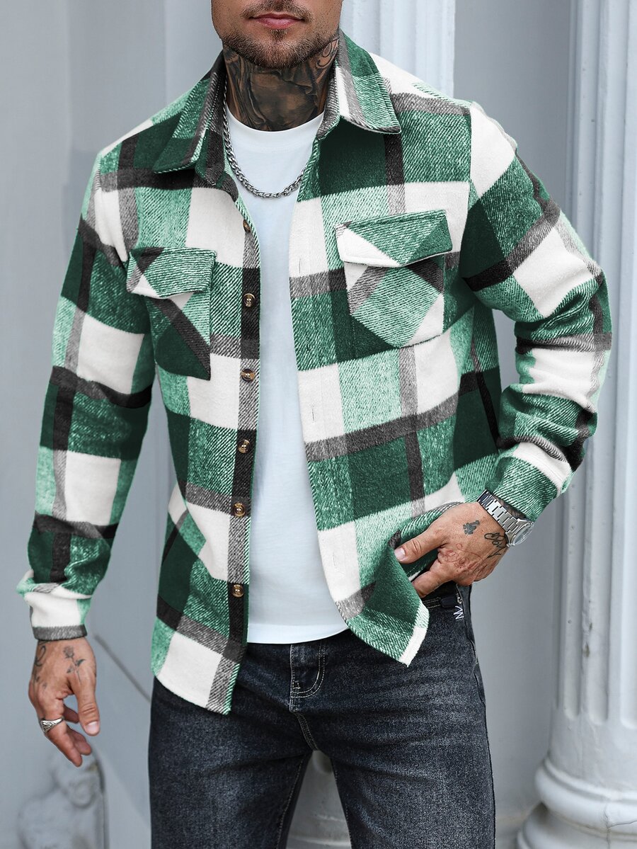 Manfinity Homme Men's Wool Plaid Pattern Urban Renaissance Street Style Casual Fashion Creative Personalized Streetwear Jacket - Green - View 1