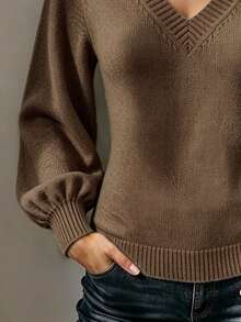 Trelyra Women's Minimalist Casual Lantern Sleeve V-Neck Sweater, Autumn/Winter - Coffee Brown - View 6
