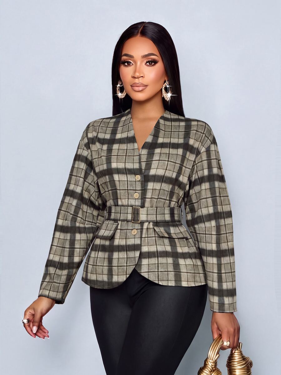 SOLERSUN Women's Autumn/Winter Daily Commute Brown & Apricot Plaid Fabric V-Neck Button Pocket Flap Long Sleeve Jacket