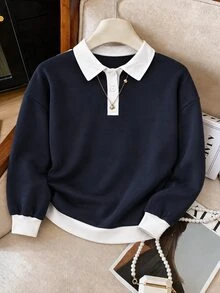 Collagica Collagica Women's Solid Color Button Half-Zip Loose Casual Sweatshirt - Multicolor - View 3