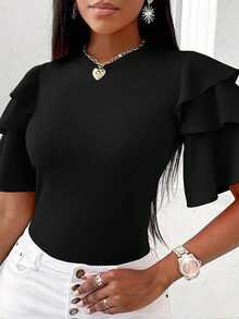 Trelyra Plus Size Multi-Layer Sleeve Crew Neck Solid Color T-Shirt - Black - View 5