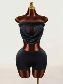 Mistrie Women's Black Frayed Hem Tube Top And Shorts Set - Black - View 5