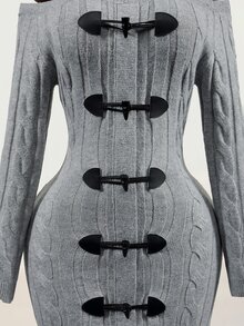Mistrie Women's Fashion Off-Shoulder Button Design Long Sleeve Sweater Dress - Grey - View 9