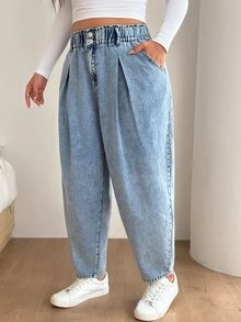 SHEIN CURVE+ Plus Size Women's Carrot Jeans Paper Bag Waist Washed Urban Renaissance Street Style Casual Fashion Creative Personalized Streetwear - Blue - View 4