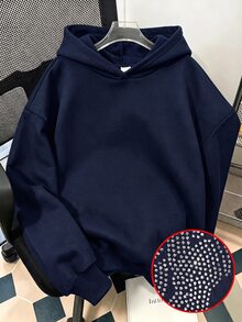 青少年女孩秋冬黑色寬鬆連帽長袖套頭衛衣，背面大翅膀水鑽裝飾，休閒百搭街頭風上衣，適合日常外出、校園與派對穿著 - 藏蓝色 - 查看 2