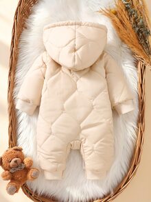 SHEIN Newborn Baby Romper Jumpsuit Sweet Beige Bear Patch Quilted ...