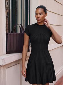 Lumalex Beige Ribbed Mock Neck Cap Sleeve Bodycon Knit Mini Dress With Pleated Skater Hem - Black - View 4