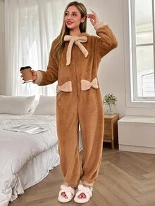 Dream Adore Cute Women's Autumn/Winter Plush Colorblock Bow Animal Design Hooded One-Piece Pajamas - Multicolor - View 4