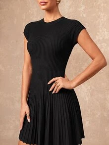 Lumalex Beige Ribbed Mock Neck Cap Sleeve Bodycon Knit Mini Dress With Pleated Skater Hem - Black - View 9