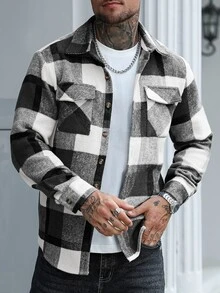 Manfinity Homme 男士格紋羊毛翻領口袋長袖襯衫 - 黑與白 - 查看 4
