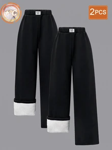 SHEIN 青少年女孩休閒百搭日常加厚保暖內裡寬鬆寬腿運動長褲，2件組 - 黑色 - 查看 1