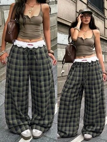 Coolane 女款秋季保暖休閒時尚優雅綠色海軍藍格紋彈性抽繩腰寬鬆寬腿長款居家長褲 - 綠色 - 查看 2