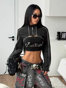 StreetHx Women's Autumn/Winter Black Ultra Short Jacket, Motorcycle Jacket With Reflective Stripes, Y2K Street Fashion, Dark Cool Style - Black - View 6