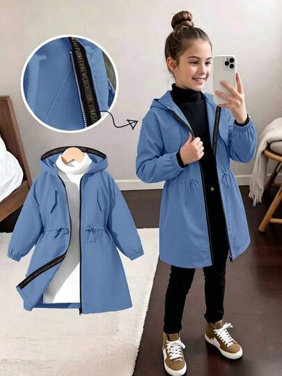SHEIN Tween Girl) Pink Cinched Waist Hooded Letter Decor Sport Casual Adjustable Waistband Pocket Jacket, Fall Clothes, Fall, Back To School, School, School Clothes