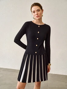 MOTF PREMIUM WOMEN'S ROUND NECK LONG SLEEVE SINGLE-BREASTED KNIT DRESS - Black - View 5